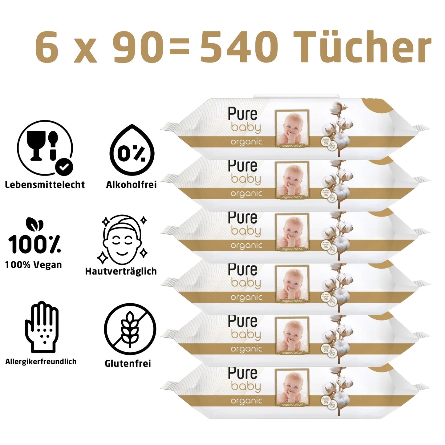 Pure Baby Feuchttücher für Babys 6x90 (540x Tücher) Organisch