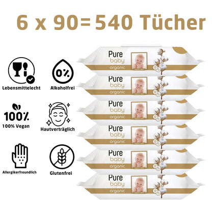 Pure Baby Feuchttücher für Babys 6x90 (540x Tücher) Organisch
