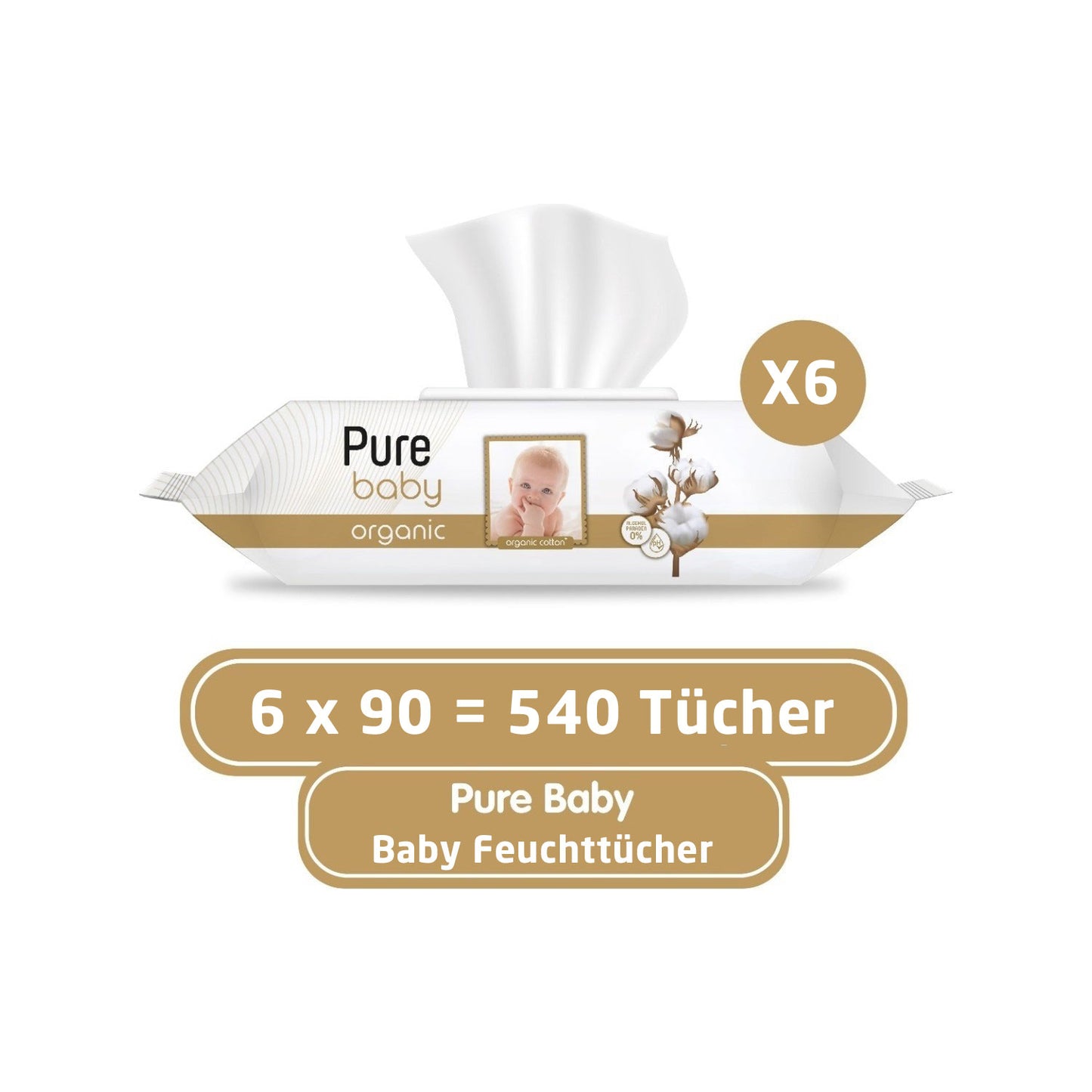 Pure Baby Feuchttücher für Babys 6x90 (540x Tücher) Organisch