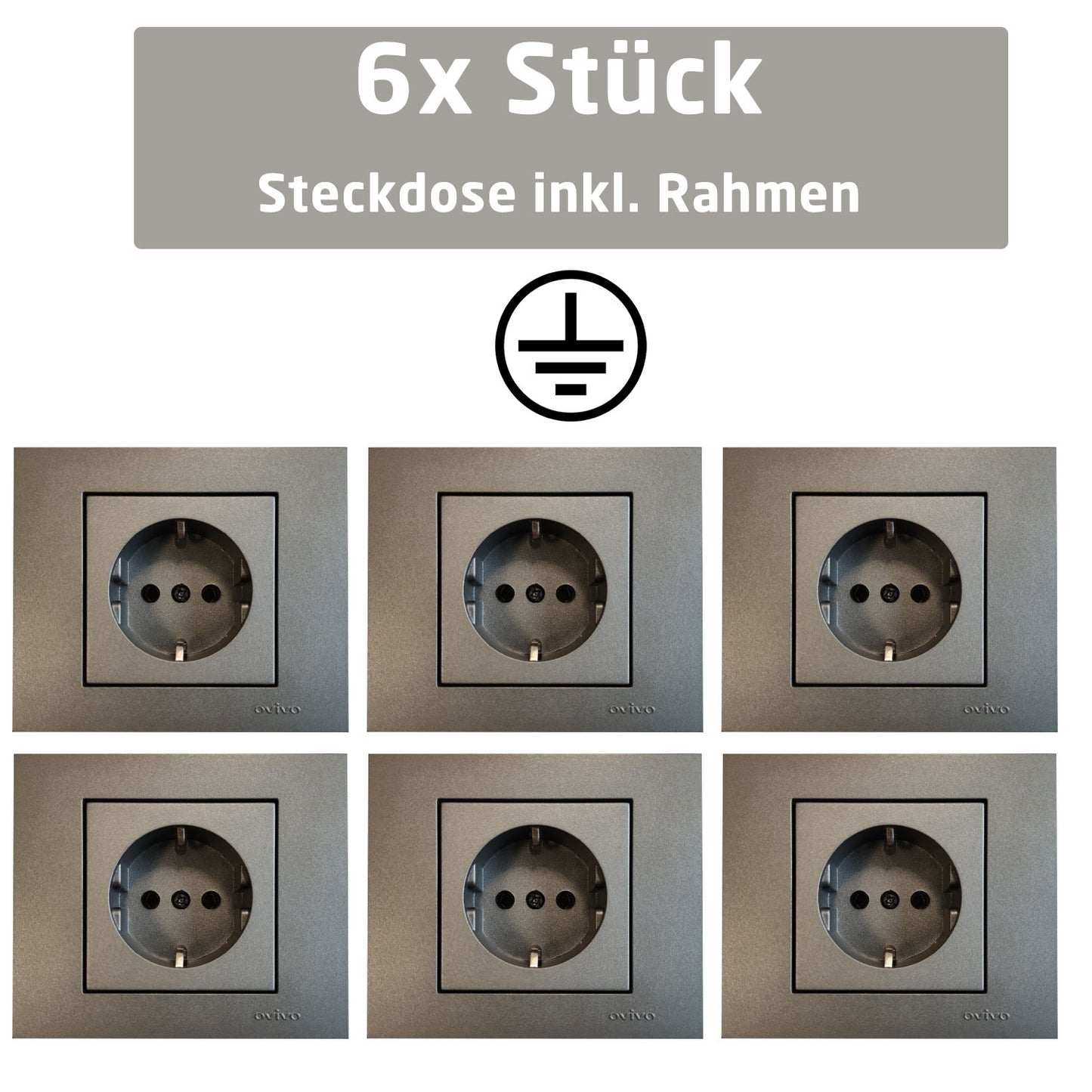 Steckdosenleiste mit Rahmen 6x Stück in Anthrazit / Grau