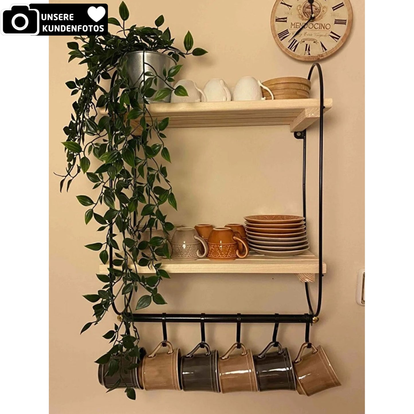 Wandregal für Küche mit Haken für Tassen Holz