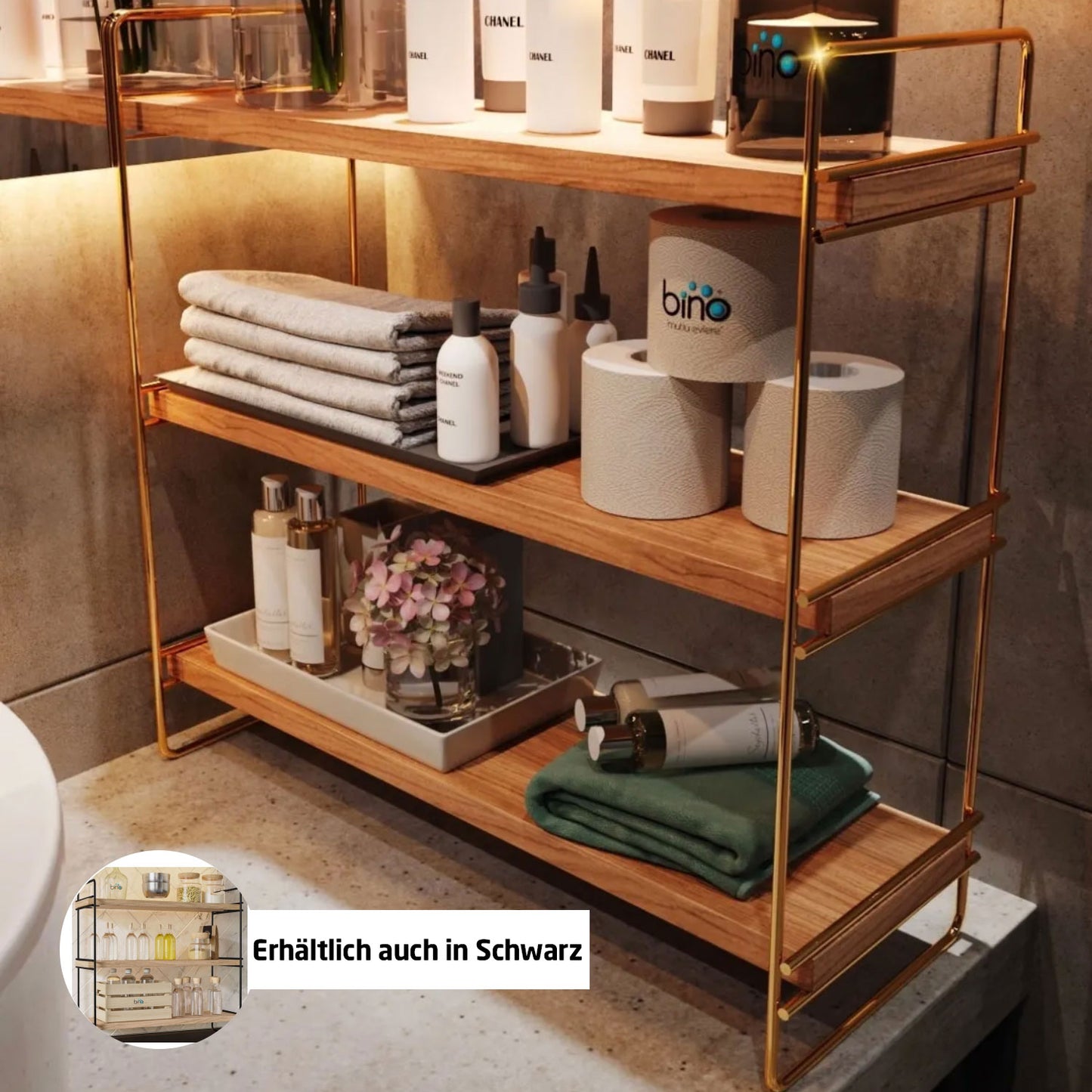 Standregal / Organizer für Bad oder Küche in Schwarz & Gold Holz