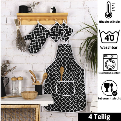 Küchenschürzen-Set 4-Teilig Schwarz mit Ofenhandschuh und Topflappen Chevron-Muster