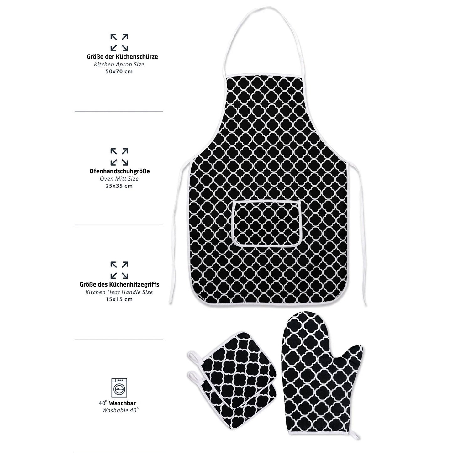 Küchenschürzen-Set 4-Teilig Schwarz mit Ofenhandschuh und Topflappen Chevron-Muster