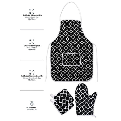 Küchenschürzen-Set 4-Teilig Schwarz mit Ofenhandschuh und Topflappen Chevron-Muster