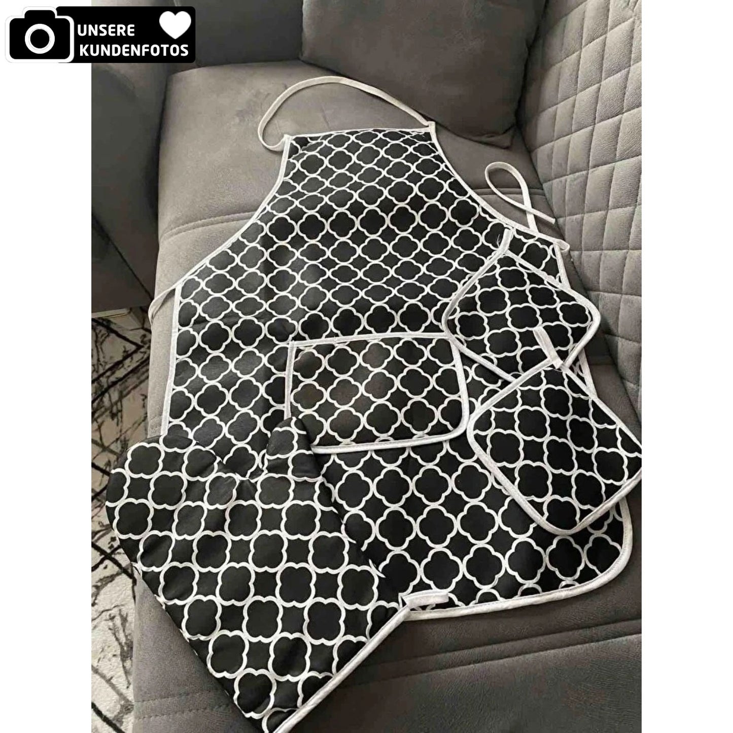 Küchenschürzen-Set 4-Teilig Schwarz mit Ofenhandschuh und Topflappen Chevron-Muster
