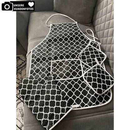 Küchenschürzen-Set 4-Teilig Schwarz mit Ofenhandschuh und Topflappen Chevron-Muster