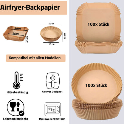 Airfryer Backpapier 100x Stück in Rund & Quadratisch