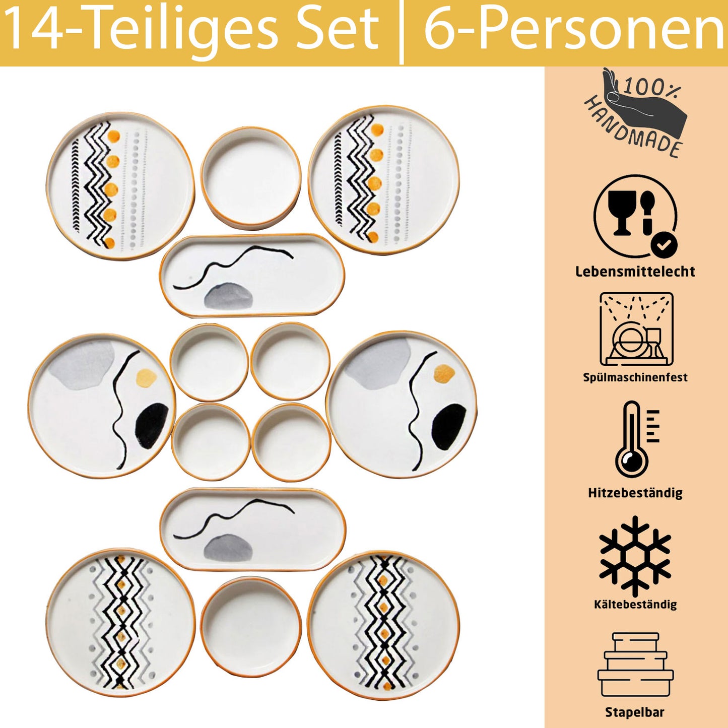 Exklusives Frühstückset 14-Teilig 6 Personen Handmade Skandinavien Yellow