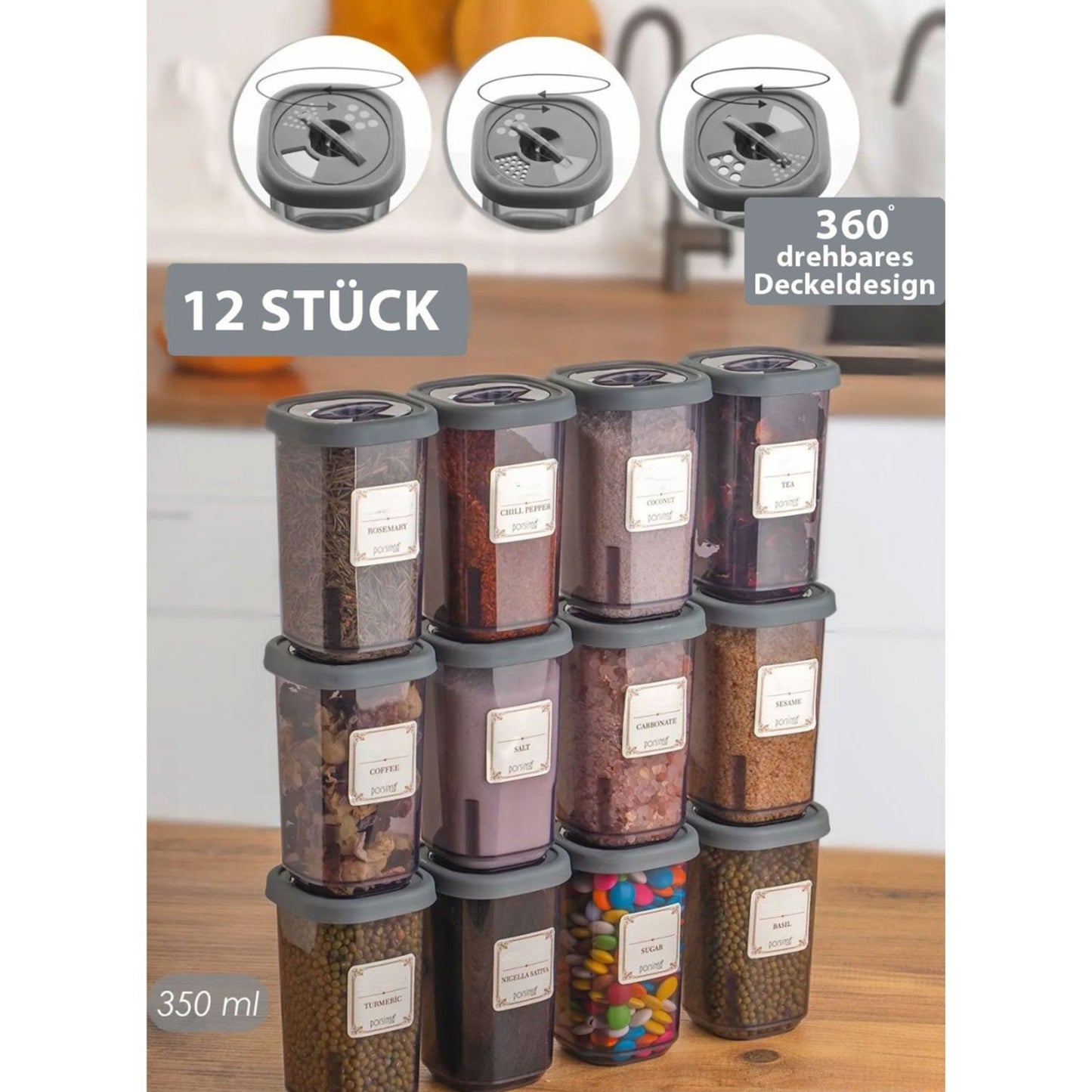 Gewürzbehälter 12x Stück 3x Designs 350ml