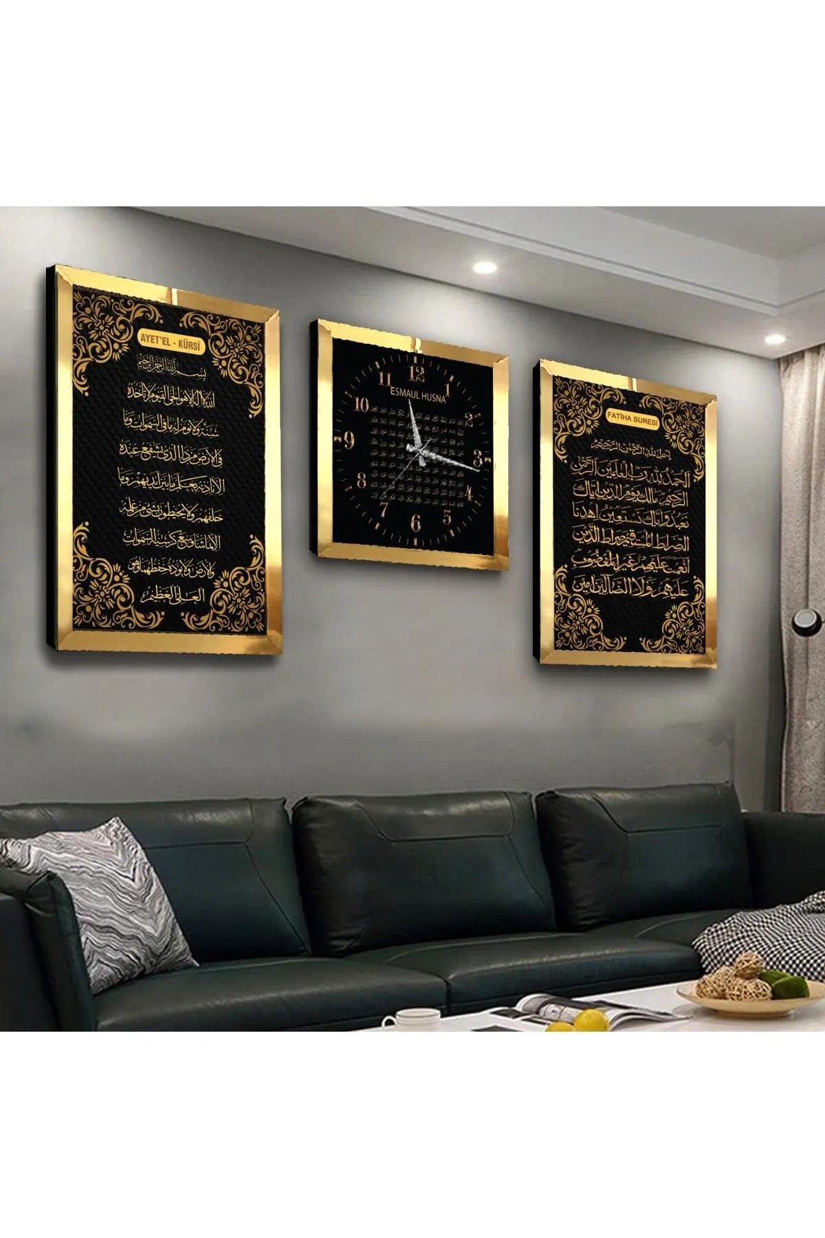 Elegantes 3-teiliges MDF-Wandbild- und Uhrenset – Ayetel Kürsi, Fatiha Suresi und Esmaül Hüsna